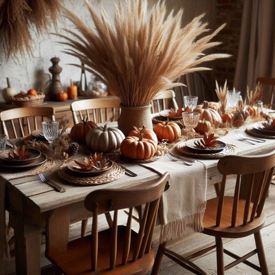 A rustic table is set for a fall dinner