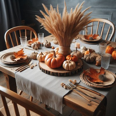 A rustic table setting with pumpkins and wheat