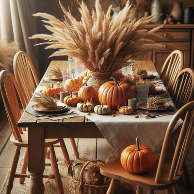Cozy fall table with pumpkins and pampas grass