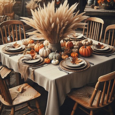A rustic fall table setting with pumpkins and pampas grass