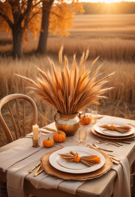A fall table setting with wheat stalks and pumpkins