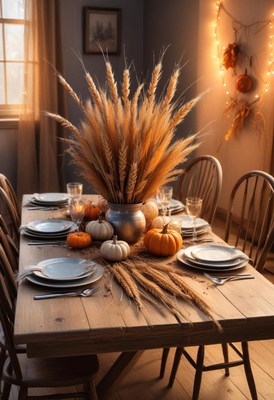 A rustic wooden table is set for a fall dinner