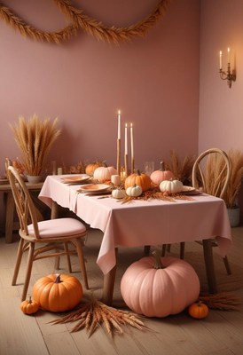 A fall dining table setting with pumpkins and candles