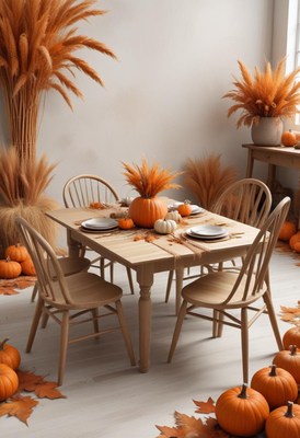 A fall-themed dining room is ready for guests