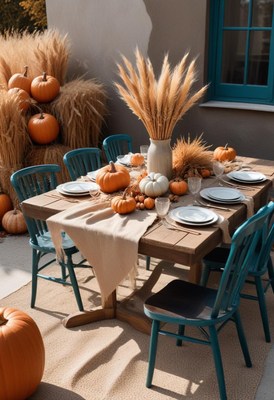 A rustic fall table setting with pumpkins and pampas grass