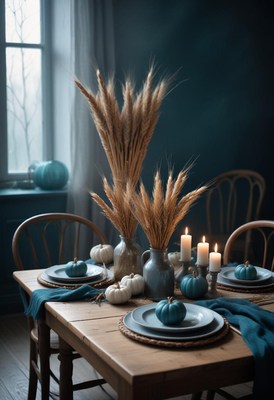 A rustic table setting with wheat, pumpkins, and candles