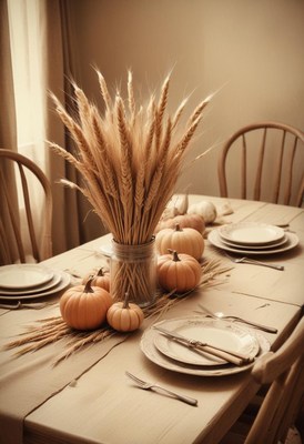 A simple fall table setting with wheat and pumpkins