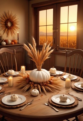 Rustic fall table with pumpkin, wheat, and candles