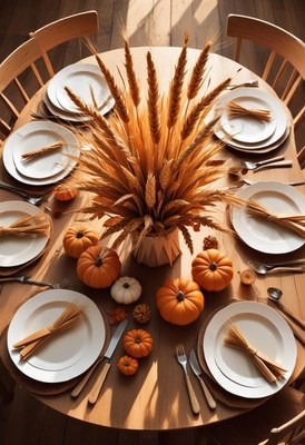 Rustic autumn table: wheat, pumpkins, and white plates