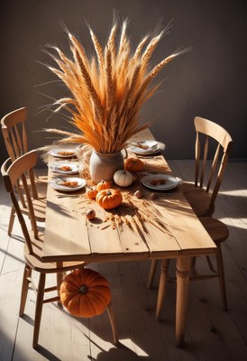 A rustic wooden table is set for a fall dinner party