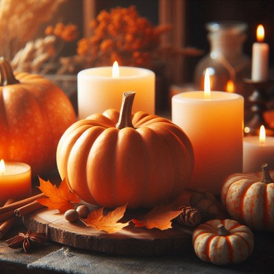 A pumpkin sits among burning candles and autumn leaves
