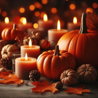 Pumpkins and candles create a warm, autumnal scene