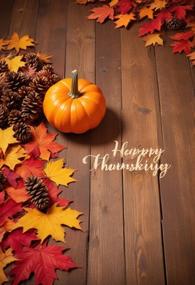 A pumpkin sits on a wooden table with fall leaves