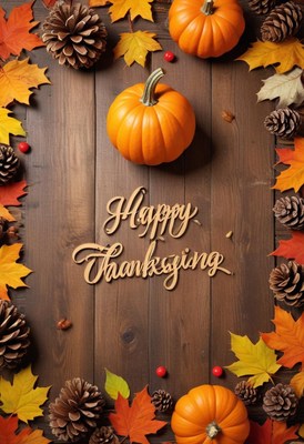 Happy thanksgiving with pumpkins and fall leaves