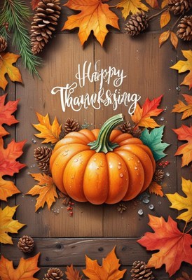 A pumpkin sits on a wooden table surrounded by autumn leaves