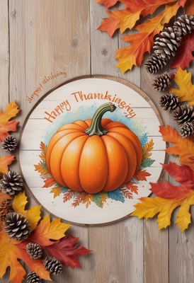 Pumpkin on platter with autumn leaves