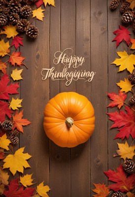 A pumpkin sits on a wooden surface with fall leaves