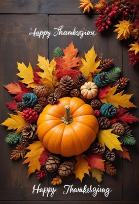A pumpkin surrounded by fall leaves and pine cones
