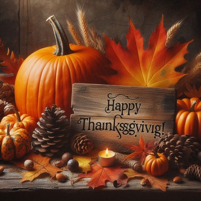 Thanksgiving sign with pumpkins, leaves, and candle
