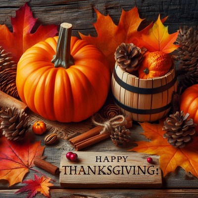 Happy thanksgiving with pumpkins and fall foliage