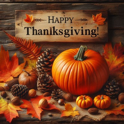 Happy thanksgiving with a pumpkin and fall foliage