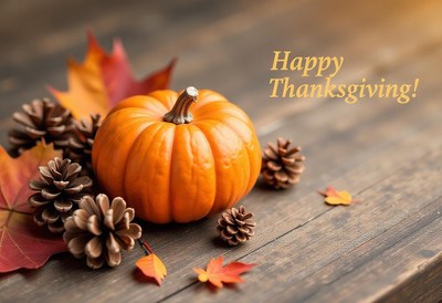 A pumpkin, pine cones, and autumn leaves on a wooden table