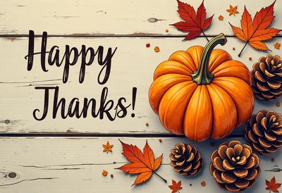 Happy thanks! a pumpkin and fall leaves on a wooden surface