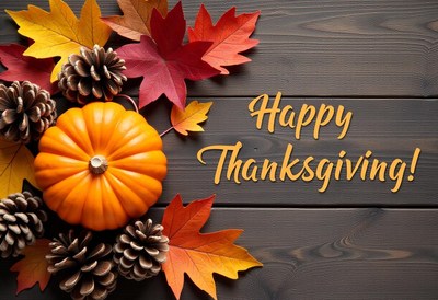 Thanksgiving: pumpkin, pinecones, leaves on wood