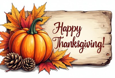 Wooden sign with leaves and pumpkin: happy thanksgiving!