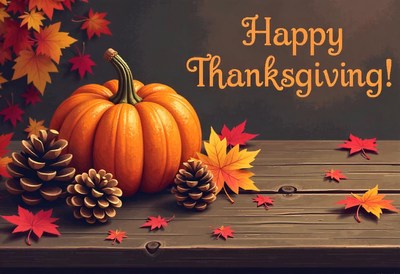 Pumpkin and pine cones on a table with leaves