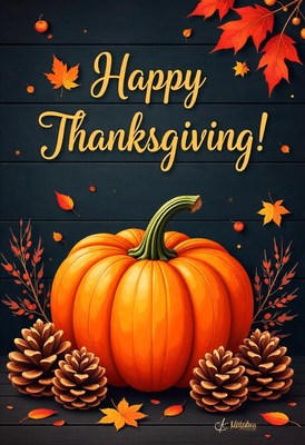 Happy thanksgiving with a pumpkin and pinecones