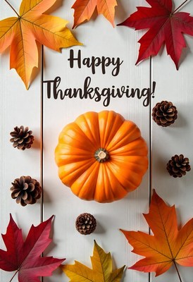 Happy thanksgiving! pumpkin and fall leaves on a white table