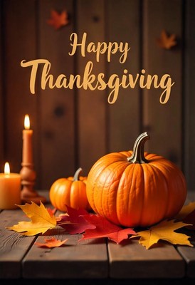 Happy thanksgiving with pumpkins and candles