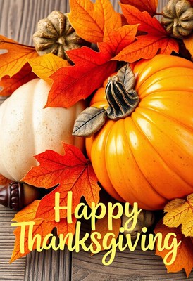 Happy thanksgiving with pumpkins and fall leaves