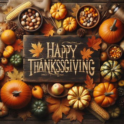 Happy thanksgiving, decorated with pumpkins and fall leaves