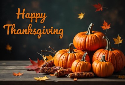 Happy thanksgiving with pumpkins and corn