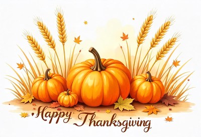 Four pumpkins sit in a field of wheat