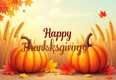 Happy thanksgiving with two pumpkins and wheat