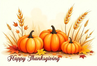 Three pumpkins sit in a field of wheat and fall leaves
