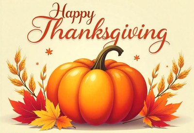 Happy thanksgiving with a pumpkin and autumn leaves