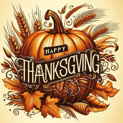 A happy thanksgiving pumpkin with wheat and leaves