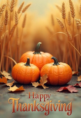 Three pumpkins sit in a field of wheat for thanksgiving