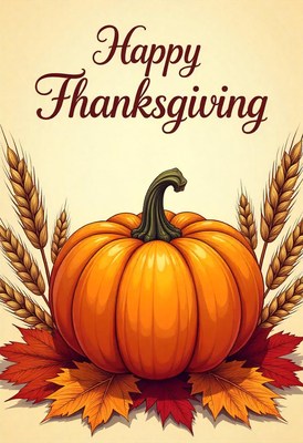 Thanksgiving with pumpkin, wheat, and autumn leaves