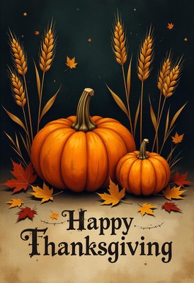Happy thanksgiving with pumpkins and wheat
