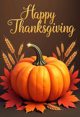 Happy thanksgiving with a large pumpkin and fall foliage