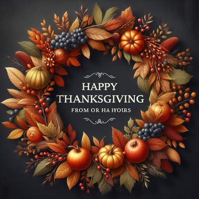 A thanksgiving wreath with pumpkins, apples, and leaves