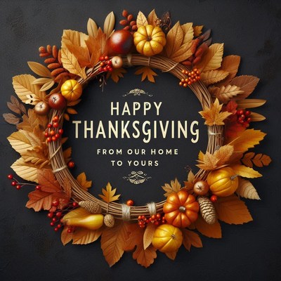 A thanksgiving wreath with autumn leaves and pumpkins