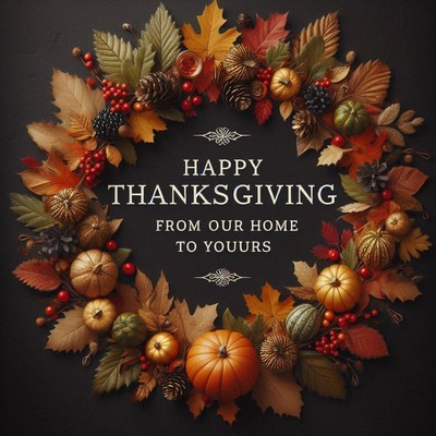 A thanksgiving wreath with pumpkins and leaves