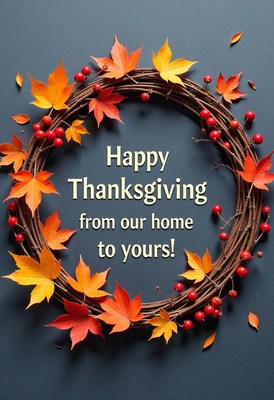 Maple leaf wreath wishes a happy thanksgiving!