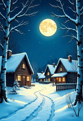 A snowy village sits under a bright full moon